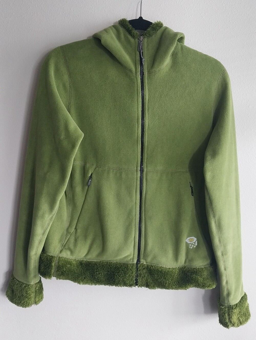 Mountain Hardware Green Fuzzy Trim Zip-Up Two Pocket Hoodeed Fleece Jacket